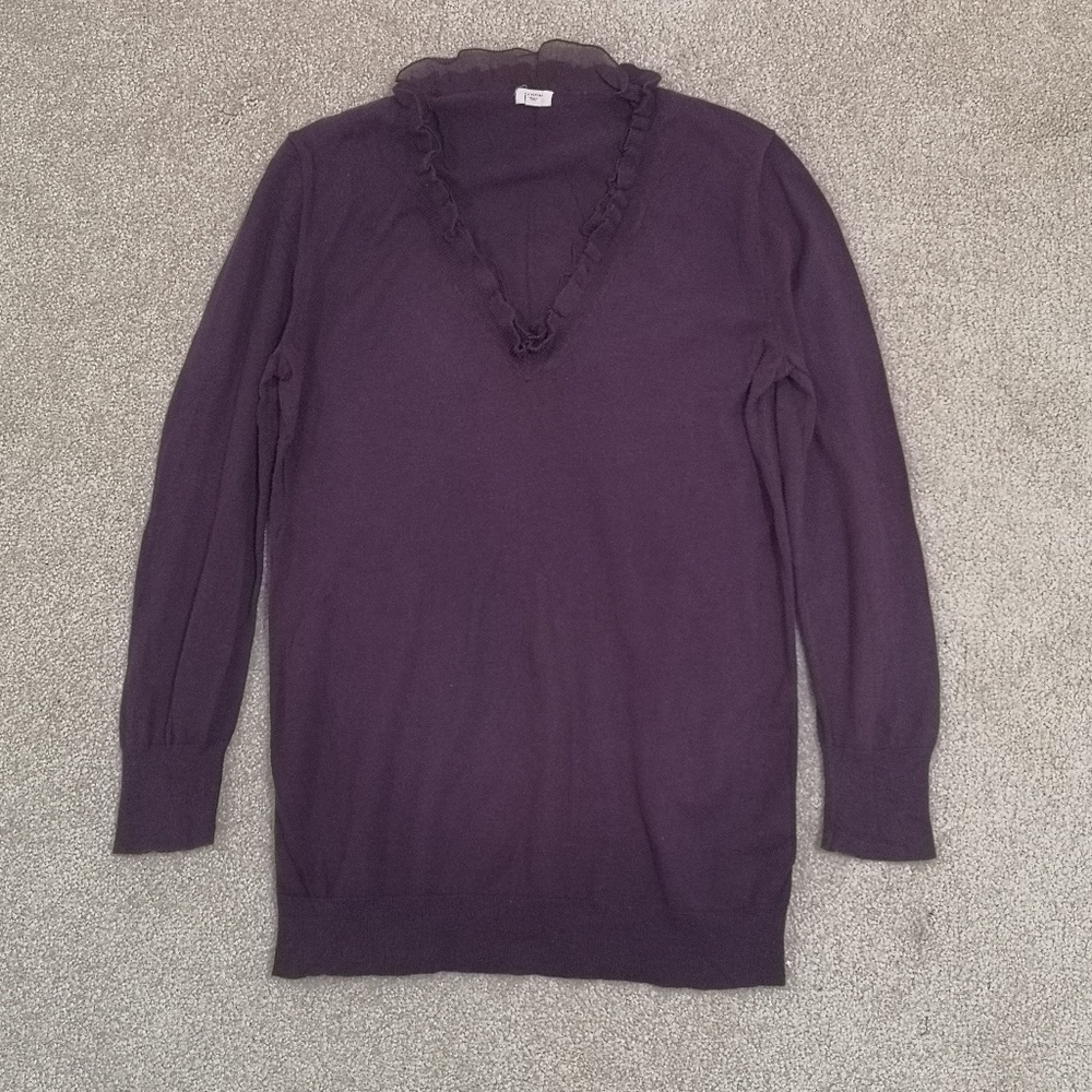 J. Crew Purple Ruffle V-Neck 3/4 Sleeve Sweater Size S